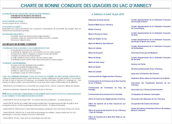 Charte de bonne conduite des usagers du lac d'Annecy Charte de bonne conduite des usagers du lac d'Annecy